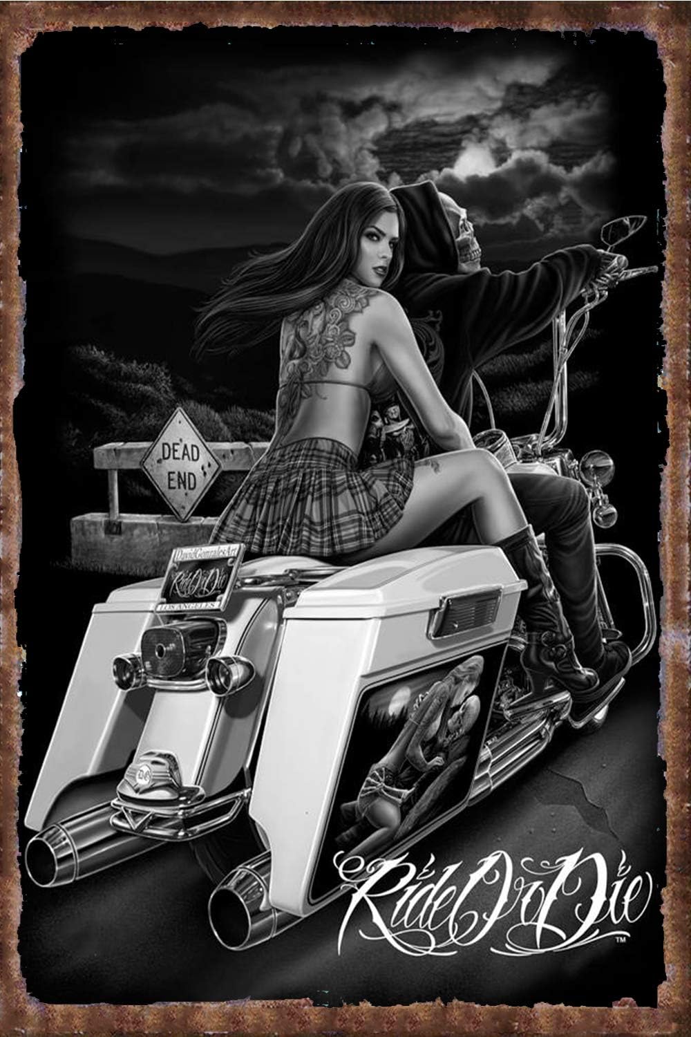 Kitchen Up - ป้ายโลหะวินเทจ Ride or Die ลายสาวนักขี่มอเตอร์ไซค์ สำหรับตกแต่งบ้าน