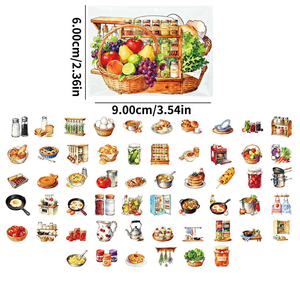 Kitchen Baking Sheets - สติกเกอร์ PET ลายครัวเรโทร 56 ชิ้น, ลายอาหารอบและเครื่องครัวสำหรับตกแต่ง