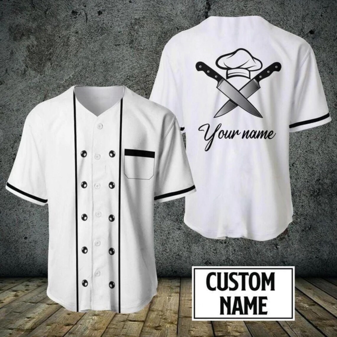 Kitchen Up - เสื้อเบสบอลเชฟแบบติดกระดุม ปักชื่อได้ ลายมีด เสื้อเชฟ ลายกราฟิกหมวกเชฟ ของขวัญสำหรับเชฟในครัวร้านอาหาร