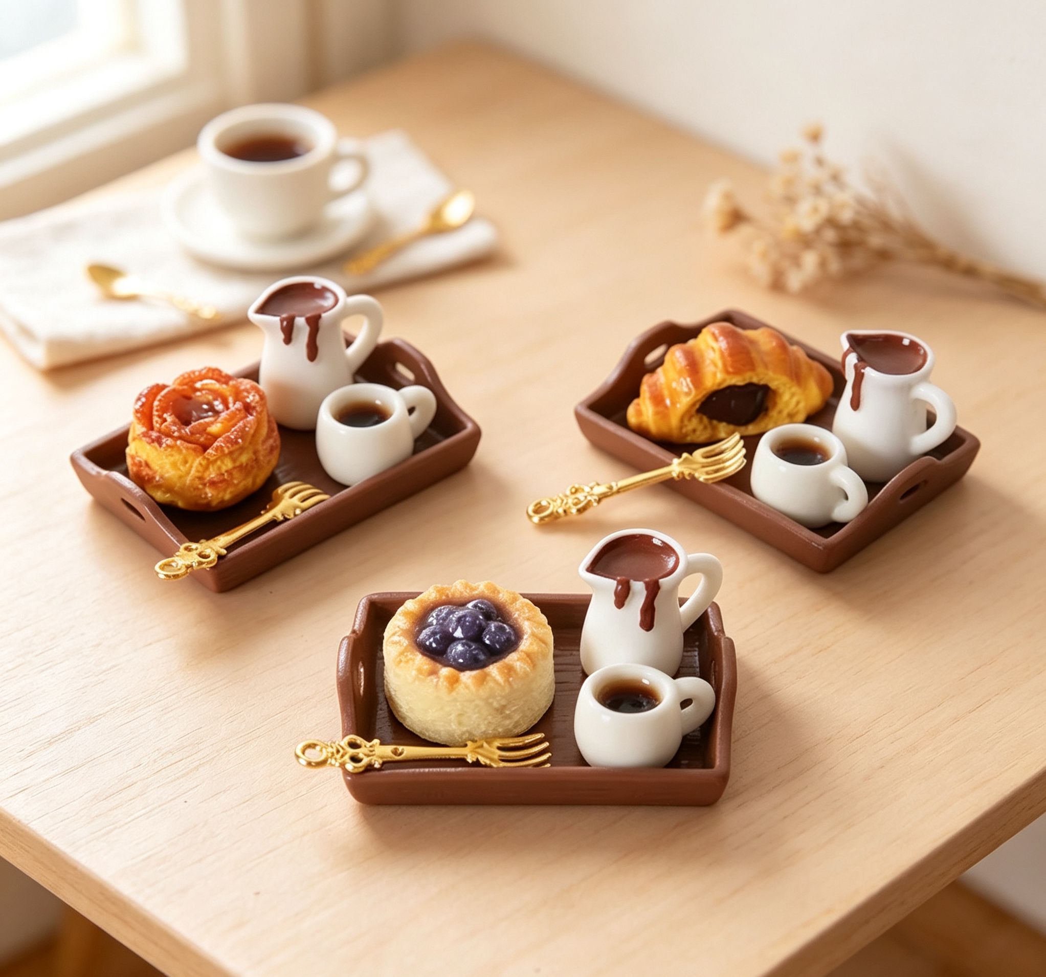 Kitchen Set Bakery - ชุดน้ำชายามบ่ายขนาดจิ๋ว 1:12 - กาแฟและขนมพร้อมถาด อาหารจำลองสำหรับตกแต่งฉากร้านเบเกอรี่และห้องครัวของบ้านตุ๊กตา